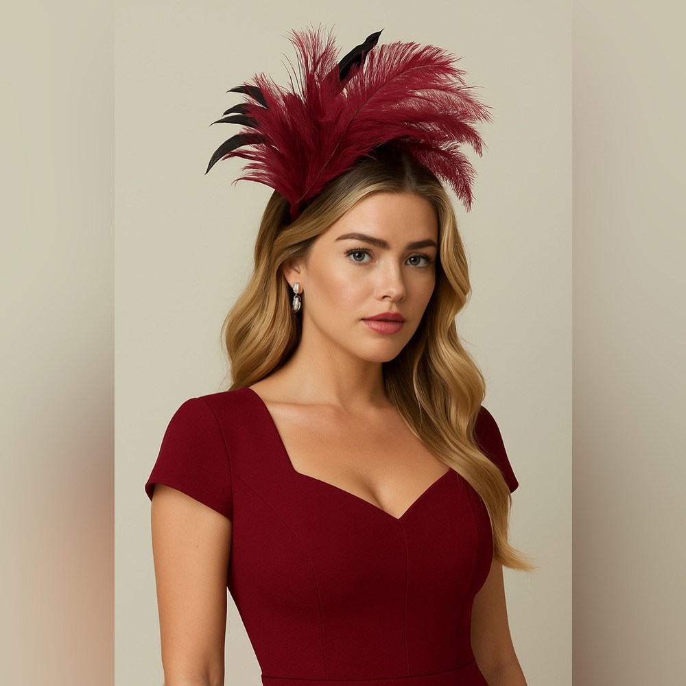 Elegant Burgundy Red Wine Feather Fascinator Statement Heandband